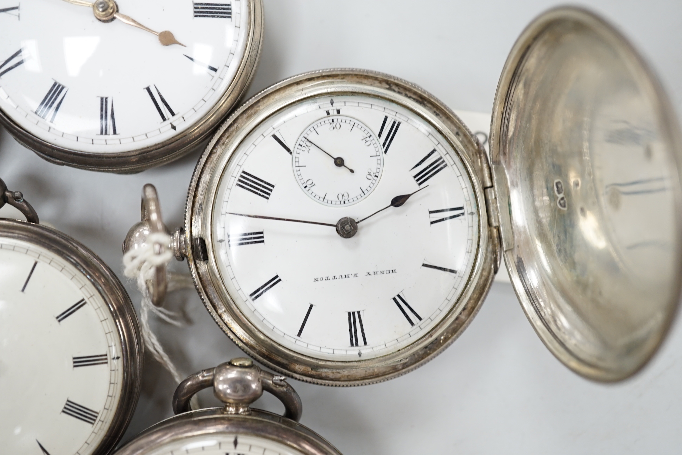 Ten assorted silver or white metal pocket watches including Sir John Bennett and Acme Lever.